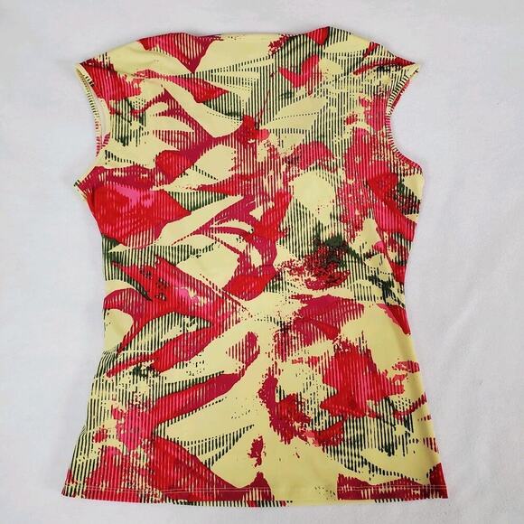 Etcetera Womens Knit Shirt Size Medium Yellow Floral Sleeveless Cross Over Wrap - Picture 2 of 5